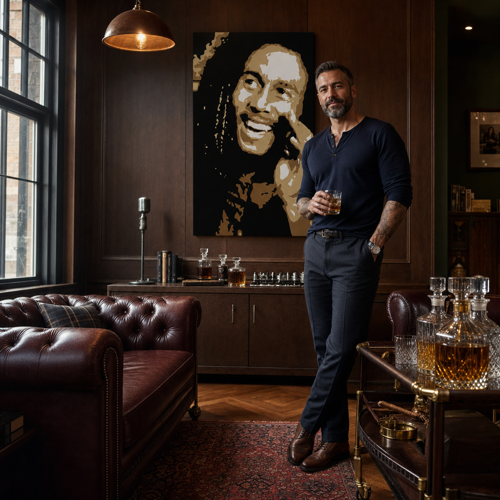 Kézzel festett POP Art festmény Bob Marley 1 rész bm – kép modern férfi belső térben, lifestyle vizualizáció. Domináns színek: fekete, barna, fehér, arany.