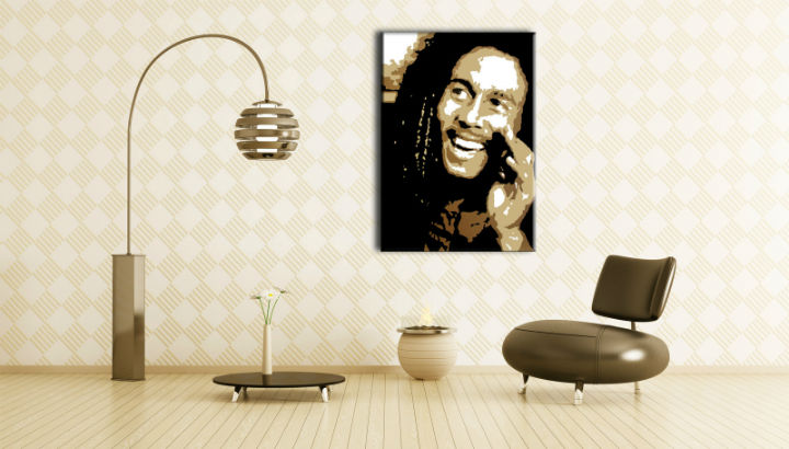Kézzel festett vászonkép motívummal: Bob Marley fekete-fehér árnyalatokban felakasztva az enteriőrben nappali számára, örömteli hangulat | Kézzel festett POP Art kép Bob Marley – enteriőr