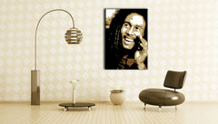 Kézzel festett vászonkép motívummal: Bob Marley fekete-fehér árnyalatokban felakasztva az enteriőrben nappali számára, örömteli hangulat | Kézzel festett POP Art kép Bob Marley – enteriőr