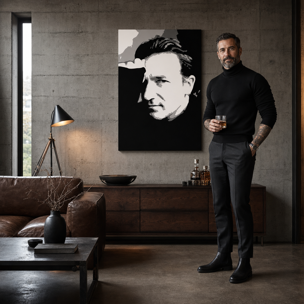 Kézzel festett POP Art festmény Bono-U2 1 darab bono – kép modern férfi belső térben, lifestyle vizualizáció. Domináns színek: fekete, fehér, szürke.