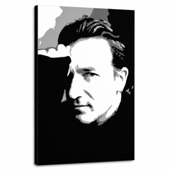Kézzel festett POP Art festmény Bono-U2 1 darab bono – 3D látvány a kézzel festett vászonról fehér háttéren. Domináns színek: fekete, fehér, szürke.