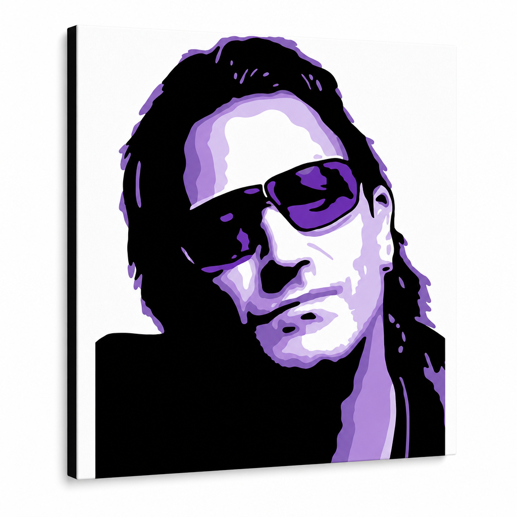 Kézzel festett POP Art festmény Bono-U2 1 db bono3 – 3D látvány a kézzel festett vászonról fehér háttéren. Domináns színek: fekete, lila, fehér.