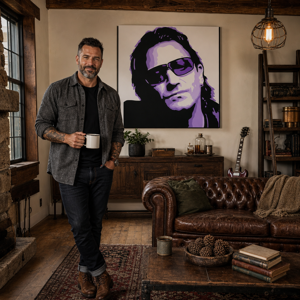 Kézzel festett POP Art festmény Bono-U2 1 db bono3 – kép modern férfi belső térben, lifestyle vizualizáció. Domináns színek: fekete, lila, fehér.