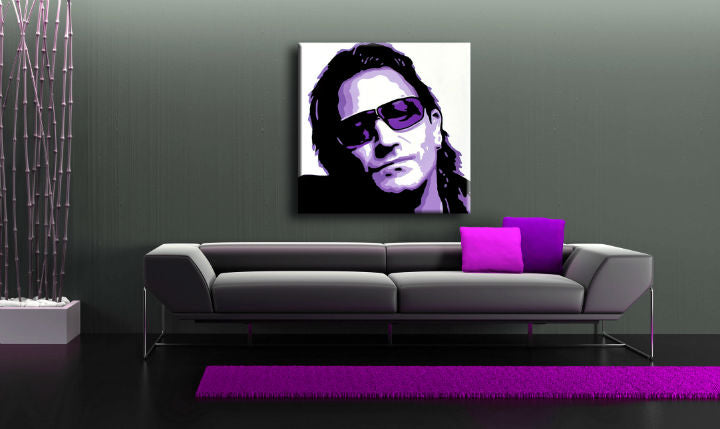 Kézzel festett vászonkép motívummal: Bono-U2 lila-fekete árnyalatokban, titok és városi élet | Kézzel festett POP Art kép Bono-U2 – fő