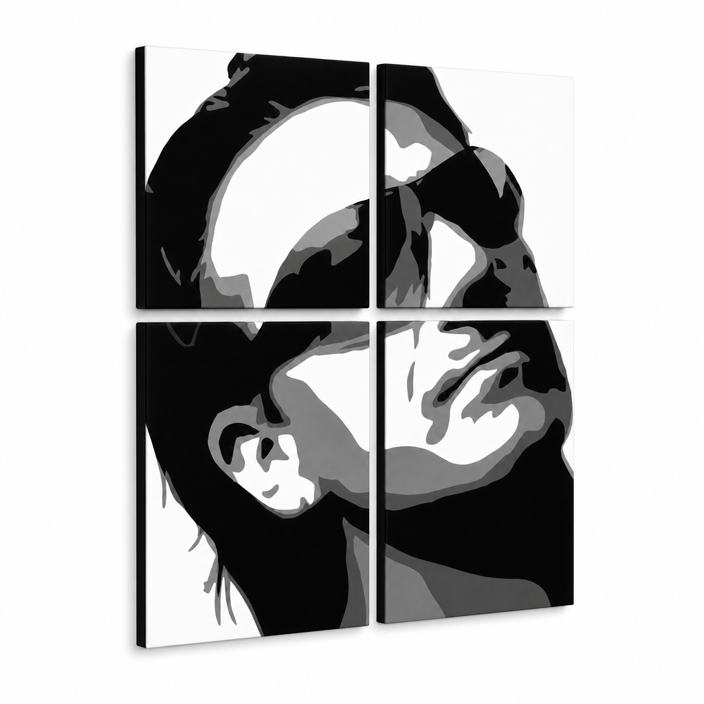 Kézzel festett POP Art festmény Bono-U2 4 db bono2 – 3D látvány a kézzel festett vászonról fehér háttéren. Domináns színek: fekete, fehér, szürke.