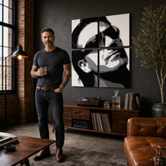 Kézzel festett POP Art festmény Bono-U2 4 db bono2 – kép modern férfi belső térben, lifestyle vizualizáció. Domináns színek: fekete, fehér, szürke.