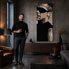 Kézzel festett POP Art festmény Brad Pitt 1 db bp – kép modern férfi belső térben, lifestyle vizualizáció. Domináns színek: fekete, barna, fehér.
