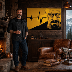 Kézzel festett POP Art festmény BREAKING BAD 1 db brb2 – kép modern férfi belső térben, lifestyle vizualizáció. Domináns színek: sárga, fekete, barna.