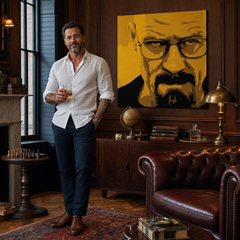 Kézzel festett POP Art festmény Breaking Bad 4 darab brb – kép modern férfi belső térben, lifestyle vizualizáció. Domináns színek: sárga, fekete, barna.