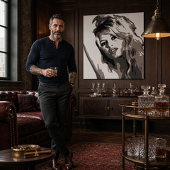 Kézzel festett POP Art festmény Brigitte Bardot 1 db bárpult – kép modern férfi belső térben, lifestyle vizualizáció. Domináns színek: fekete, barna, bézs.