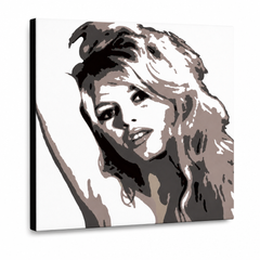 Kézzel festett POP Art festmény Brigitte Bardot 1 db bárpult – 3D látvány a kézzel festett vászonról fehér háttéren. Domináns színek: fekete, barna, bézs.