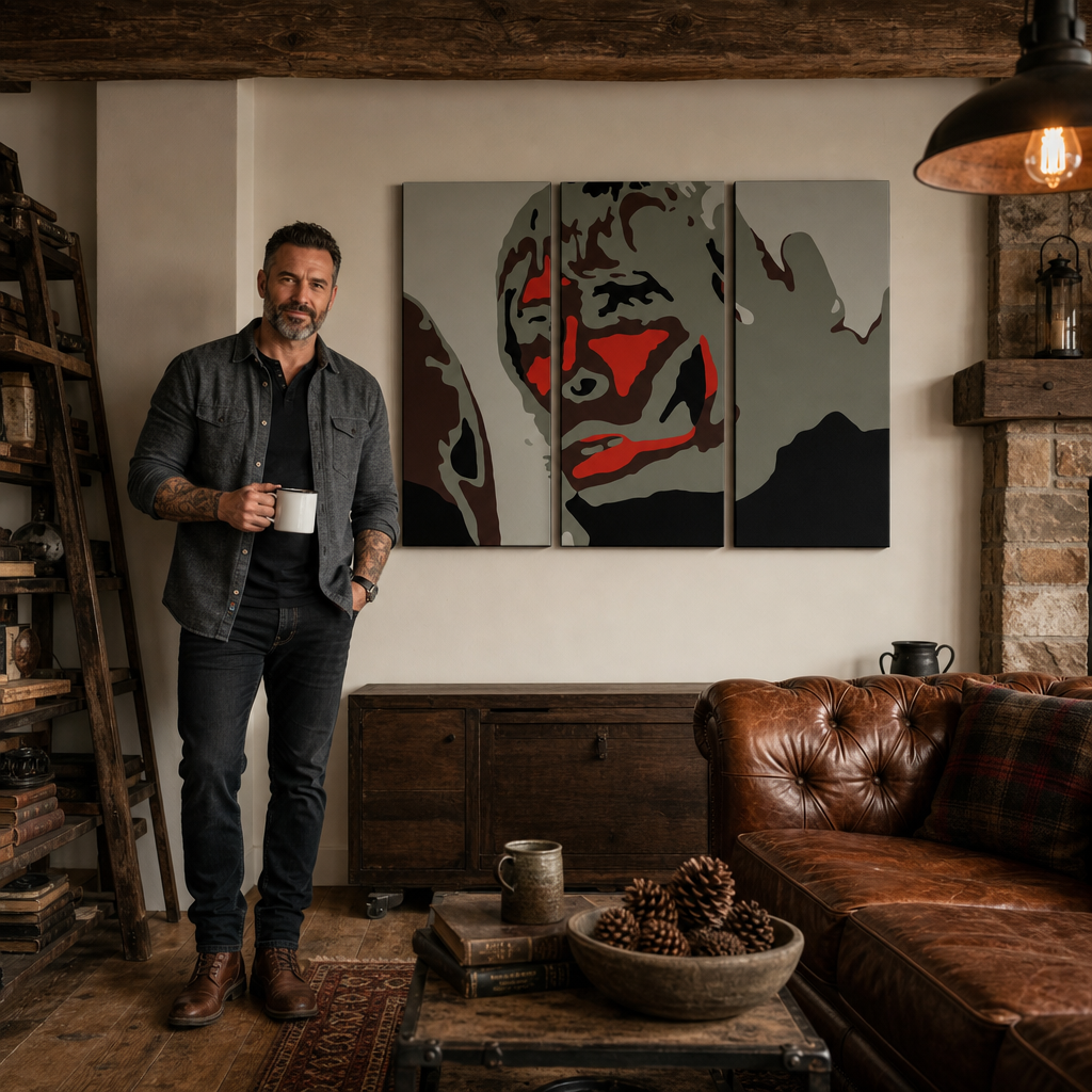 Kézzel festett POP Art festmény BROWN APE 3 db ibbrown – kép modern férfi belső térben, lifestyle vizualizáció. Domináns színek: fekete, piros, szürke, barna, fehér.