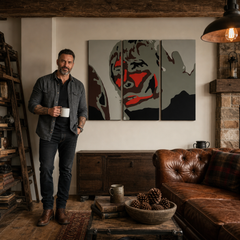 Kézzel festett POP Art festmény BROWN APE 3 db ibbrown – kép modern férfi belső térben, lifestyle vizualizáció. Domináns színek: fekete, piros, szürke, barna, fehér.