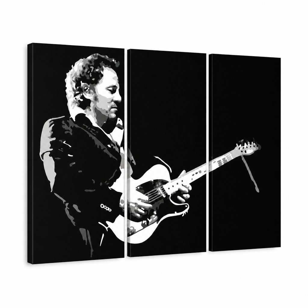 Kézzel festett POP Art festmény Bruce Springsteen 3 db bs – 3D látvány a kézzel festett vászonról fehér háttéren. Domináns színek: fekete, fehér, szürke.