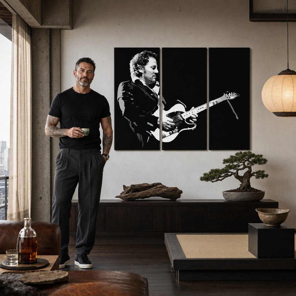 Kézzel festett POP Art festmény Bruce Springsteen 3 db bs – kép modern férfi belső térben, lifestyle vizualizáció. Domináns színek: fekete, fehér, szürke.