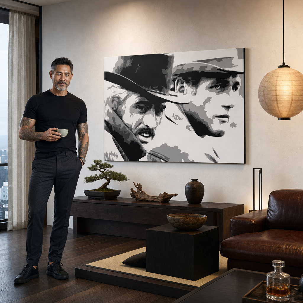 Kézzel festett POP Art festmény Butch Cassidy 1 db bc – kép modern férfi belső térben, lifestyle vizualizáció. Domináns színek: fekete, fehér, szürke.