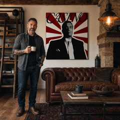 Kézzel festett POP Art festmény CASINO 1 rész cas – kép modern férfi belső térben, lifestyle vizualizáció. Domináns színek: fekete, piros, fehér.
