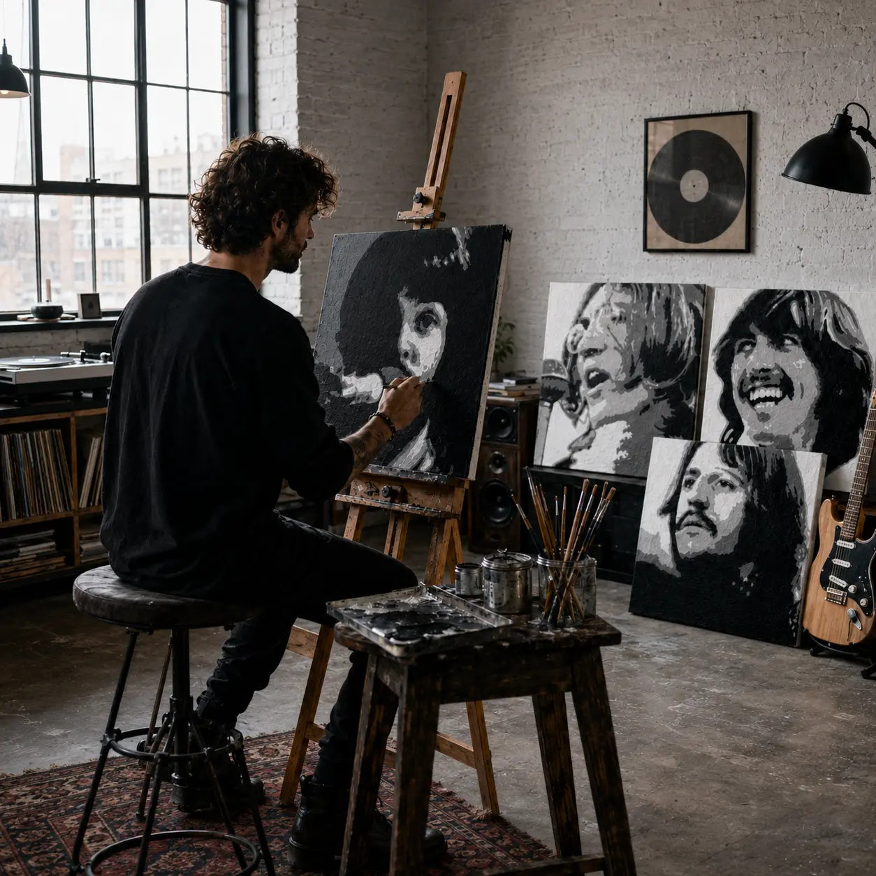 Kézzel festett POP Art festmény Clash 4 db agyagból – Papilora műterem – POP Art vászon kézi festése. Domináns színek: fekete, fehér, szürke.