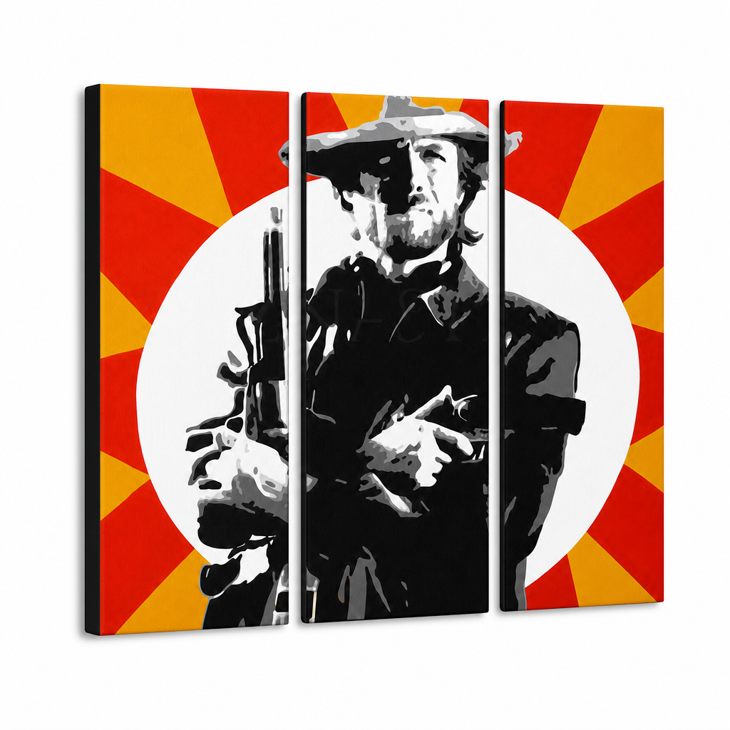 Kézzel festett POP Art festmény Clint Eastwood 3 darab ce2 – 3D látvány a kézzel festett vászonról fehér háttéren. Domináns színek: fekete, sárga, piros, fehér.