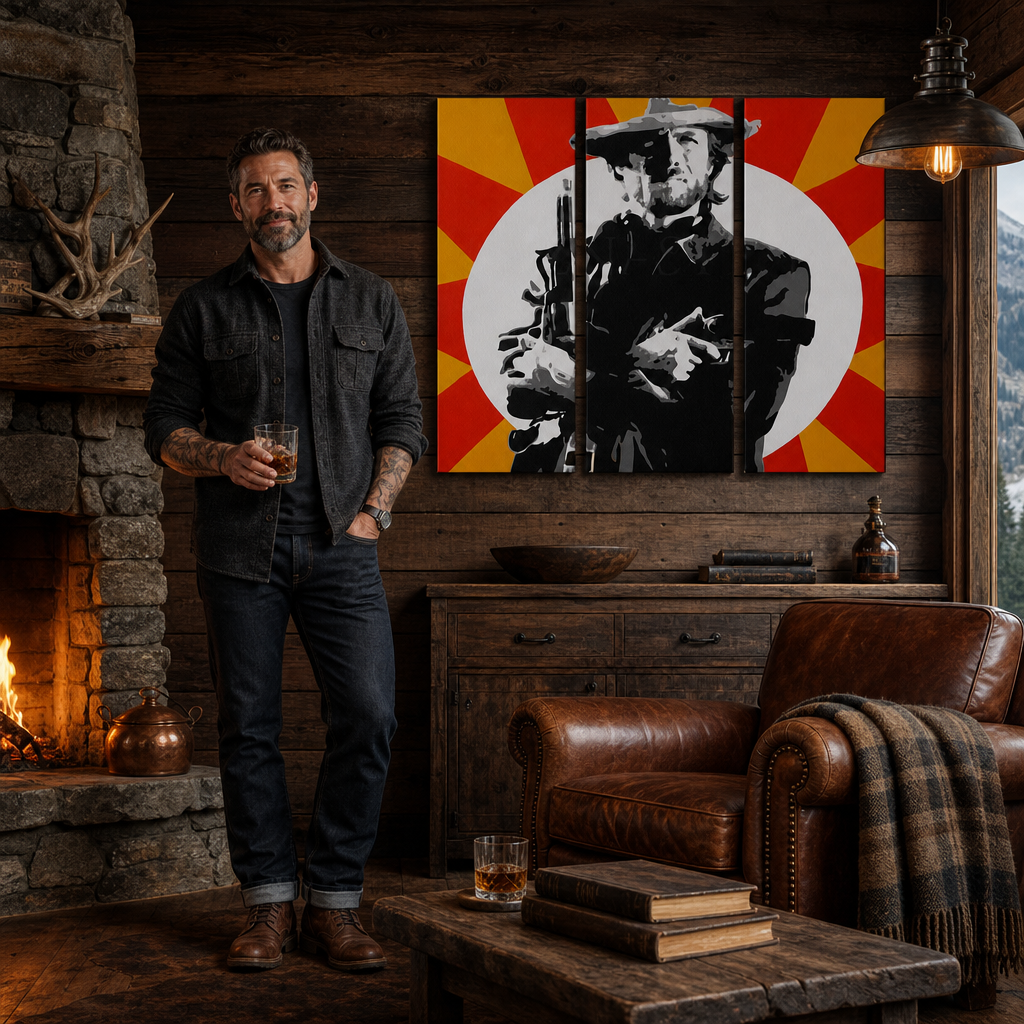 Kézzel festett POP Art festmény Clint Eastwood 3 darab ce2 – kép modern férfi belső térben, lifestyle vizualizáció. Domináns színek: fekete, sárga, piros, fehér.