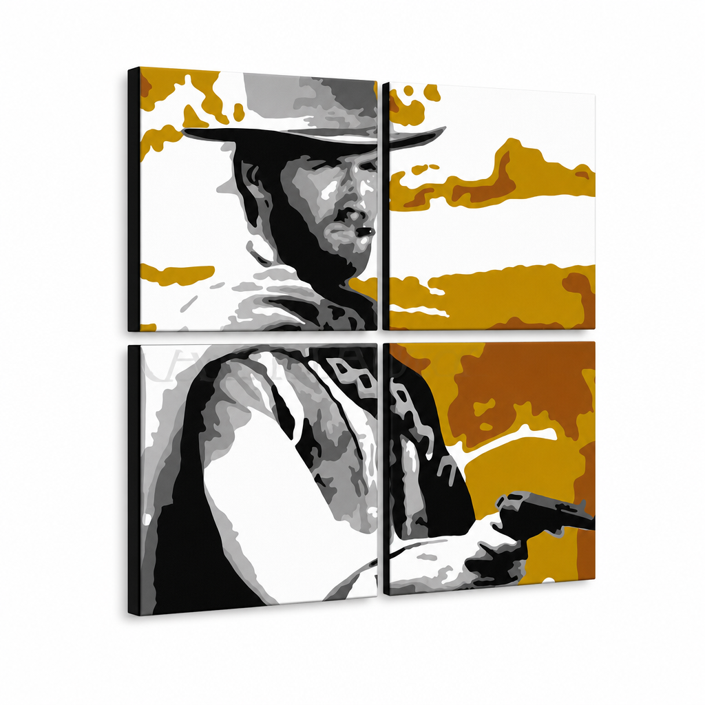 Kézzel festett POP Art festmény Clint Eastwood 3 darab ce3 – 3D látvány a kézzel festett vászonról fehér háttéren. Domináns színek: fekete, narancssárga, fehér, szürke, barna.