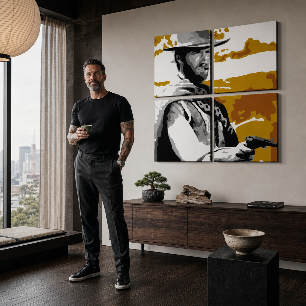 Kézzel festett POP Art festmény Clint Eastwood 3 darab ce3 – kép modern férfi belső térben, lifestyle vizualizáció. Domináns színek: fekete, narancssárga, fehér, szürke, barna.