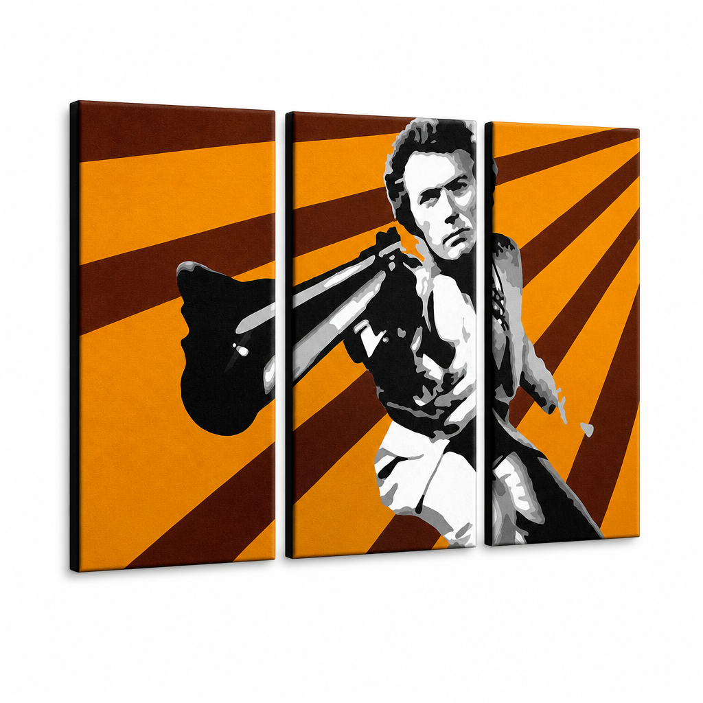 Kézzel festett POP Art festmény Clint Eastwood 3 rész ce – 3D látvány a kézzel festett vászonról fehér háttéren. Domináns színek: narancssárga, barna, fekete.