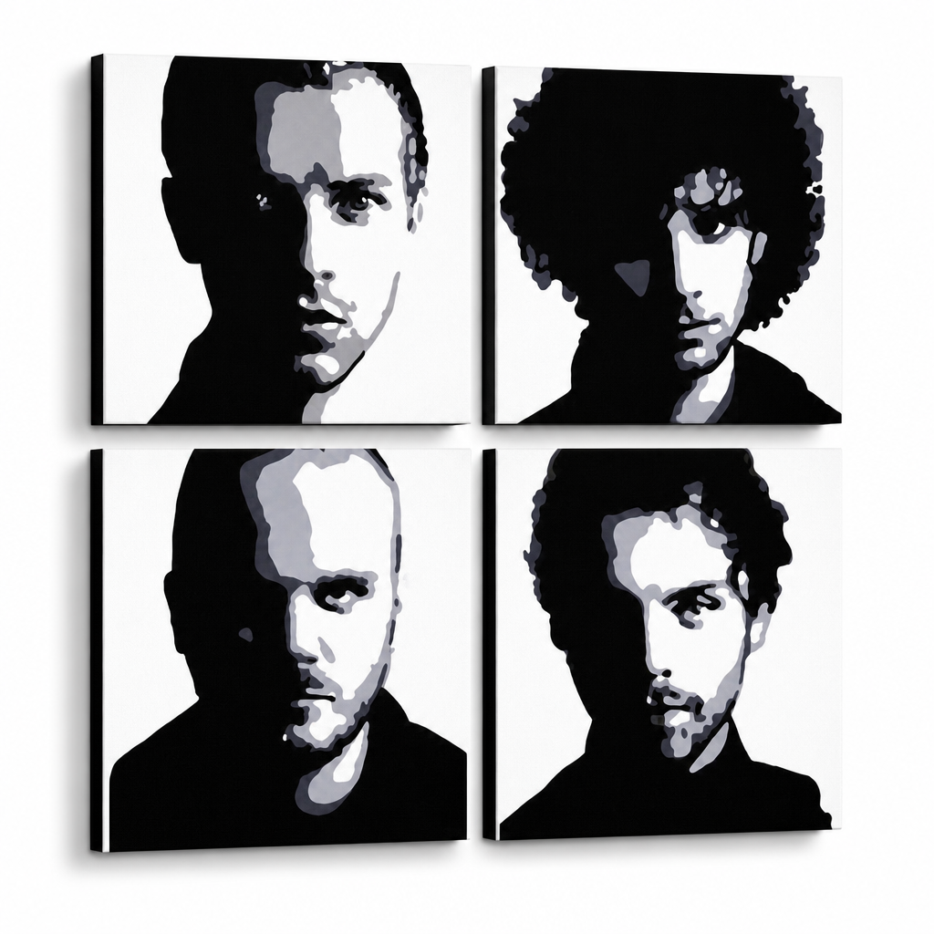 Kézzel festett POP Art festmény Coldplay 4 darab cp – 3D látvány a kézzel festett vászonról fehér háttéren. Domináns színek: fekete, fehér, szürke.