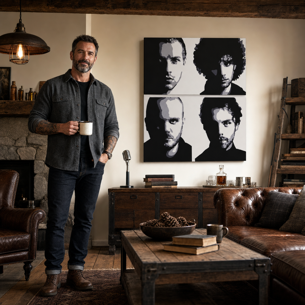Kézzel festett POP Art festmény Coldplay 4 darab cp – kép modern férfi belső térben, lifestyle vizualizáció. Domináns színek: fekete, fehér, szürke.