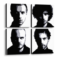 Kézzel festett POP Art festmény Coldplay 4 darab cp – 3D látvány a kézzel festett vászonról fehér háttéren. Domináns színek: fekete, fehér, szürke.