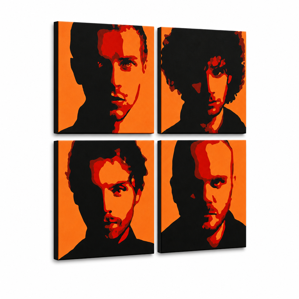 Kézzel festett POP Art festmény Coldplay 4 darab cp2 – 3D látvány a kézzel festett vászonról fehér háttéren. Domináns színek: fekete, narancssárga, piros.