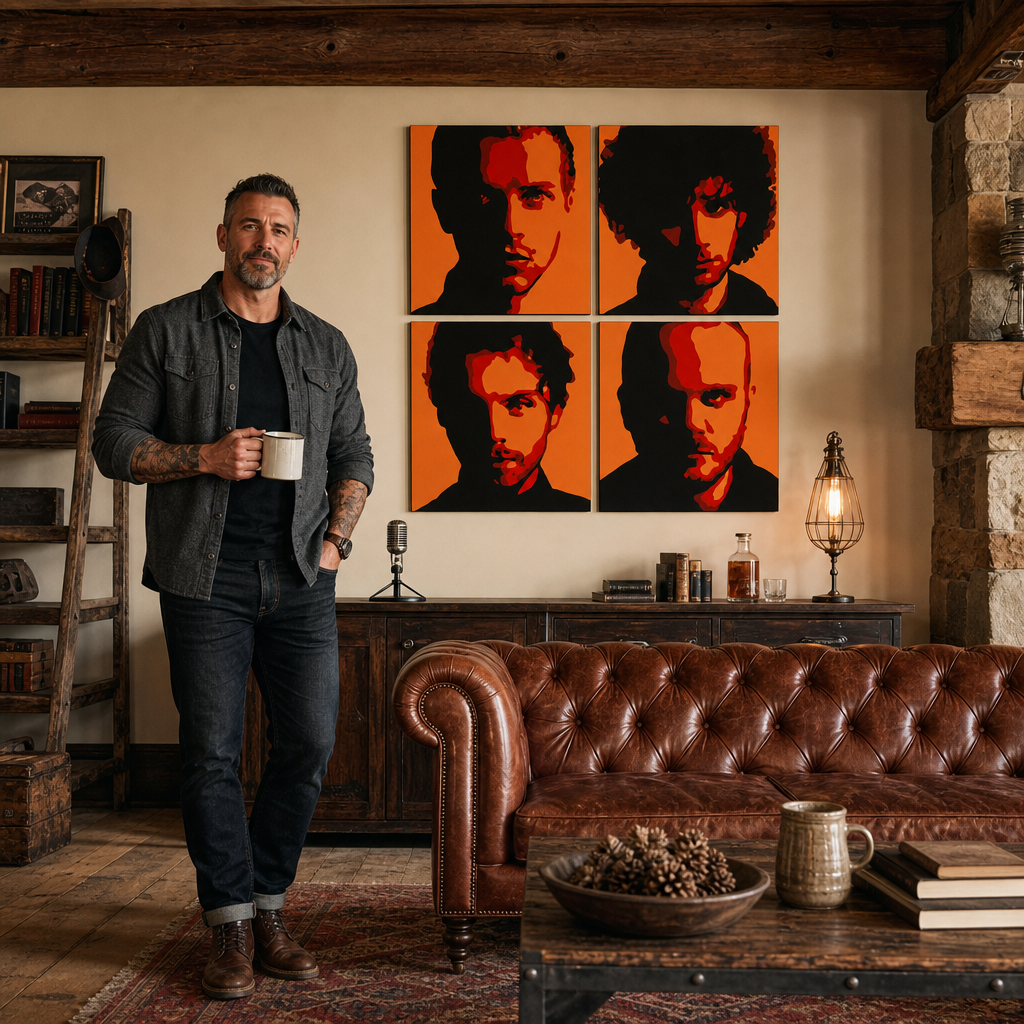 Kézzel festett POP Art festmény Coldplay 4 darab cp2 – kép modern férfi belső térben, lifestyle vizualizáció. Domináns színek: fekete, narancssárga, piros.