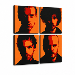 Kézzel festett POP Art festmény Coldplay 4 darab cp2 – 3D látvány a kézzel festett vászonról fehér háttéren. Domináns színek: fekete, narancssárga, piros.