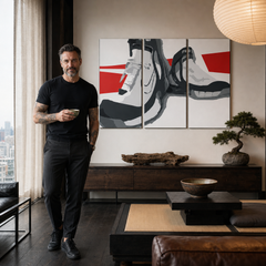 Kézzel festett POP Art festmény Csizma 3 db csizma – kép modern férfi belső térben, lifestyle vizualizáció. Domináns színek: fekete, fehér, piros.