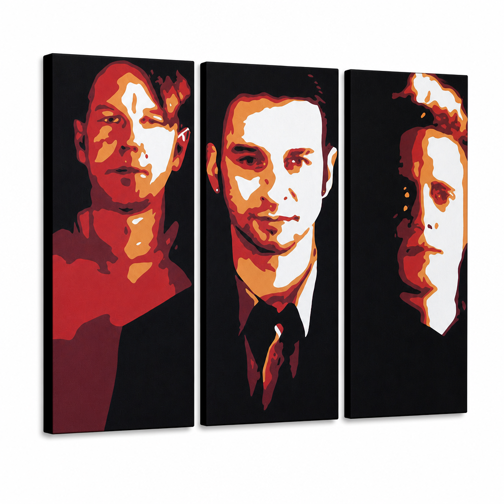 Kézzel festett POP Art festmény Depeche Mode 3 darab dep2 – 3D látvány a kézzel festett vászonról fehér háttéren. Domináns színek: fekete, piros, oranzová, fehér.