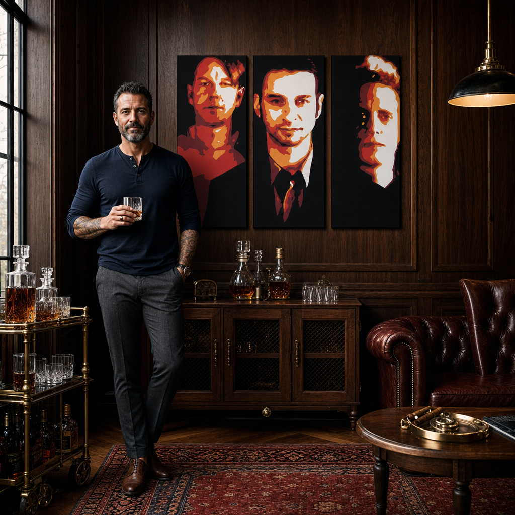 Kézzel festett POP Art festmény Depeche Mode 3 darab dep2 – kép modern férfi belső térben, lifestyle vizualizáció. Domináns színek: fekete, piros, oranzová, fehér.