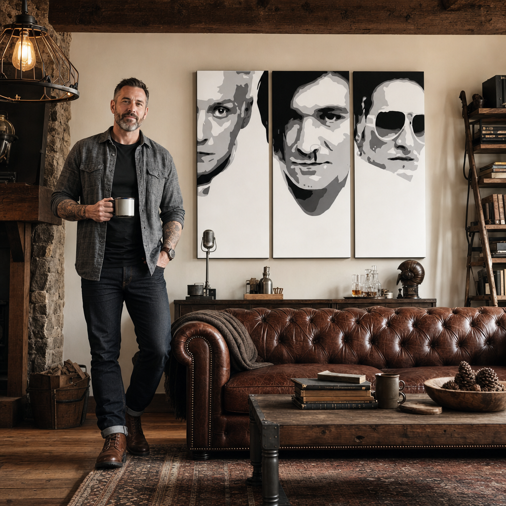 Kézzel festett POP Art festmény Die Ärzte 3-részes da2 – kép modern férfi belső térben, lifestyle vizualizáció. Domináns színek: fekete, fehér, szürke.