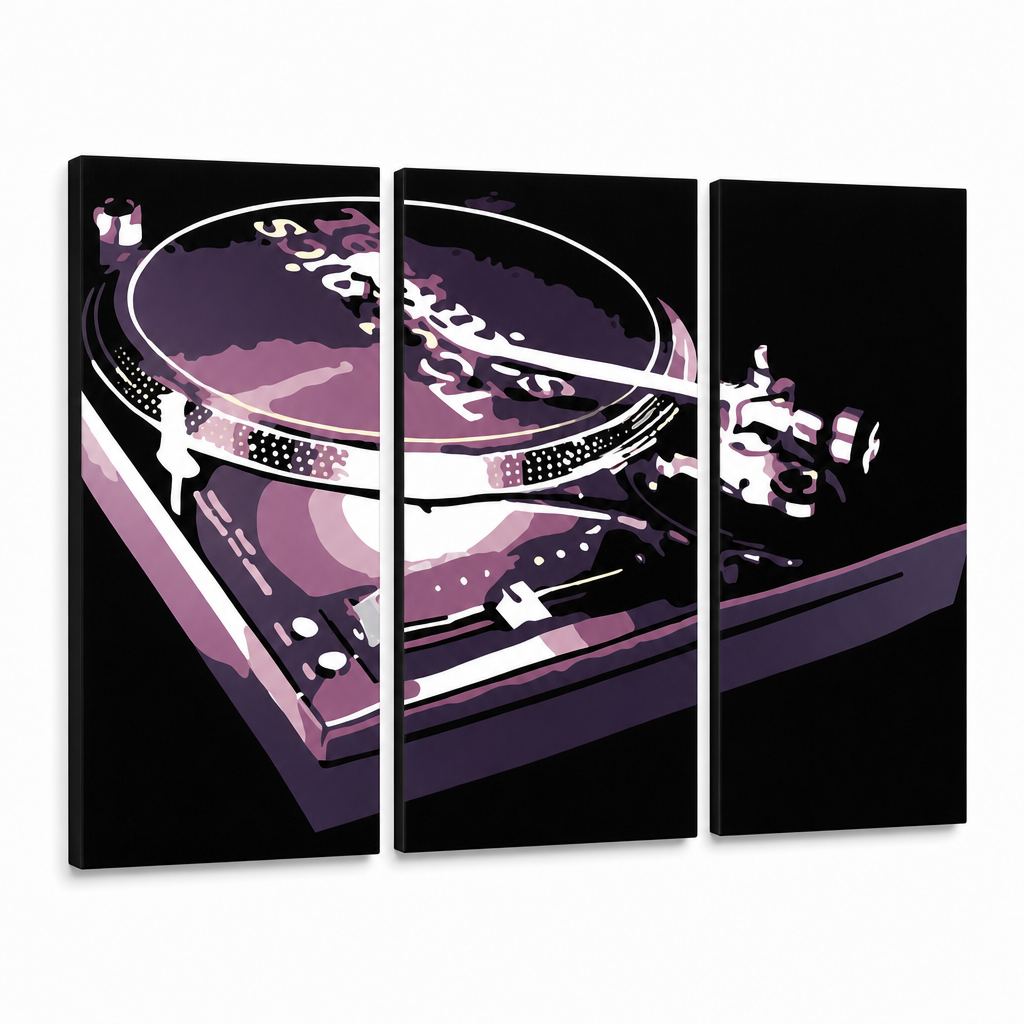 Kézzel festett POP Art festmény DJ 3 darab dj – 3D látvány a kézzel festett vászonról fehér háttéren. Domináns színek: fekete, lila, fehér.