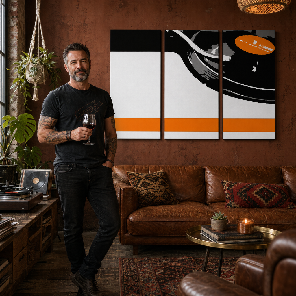 Kézzel festett POP Art festmény DJ 3 db dj5 – kép modern férfi belső térben, lifestyle vizualizáció. Domináns színek: fekete, narancssárga, fehér.