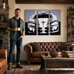 Kézzel festett POP Art festmény Dodge Viper GTS 3 darab vip – kép modern férfi belső térben, lifestyle vizualizáció. Domináns színek: fekete, szürke, fehér.