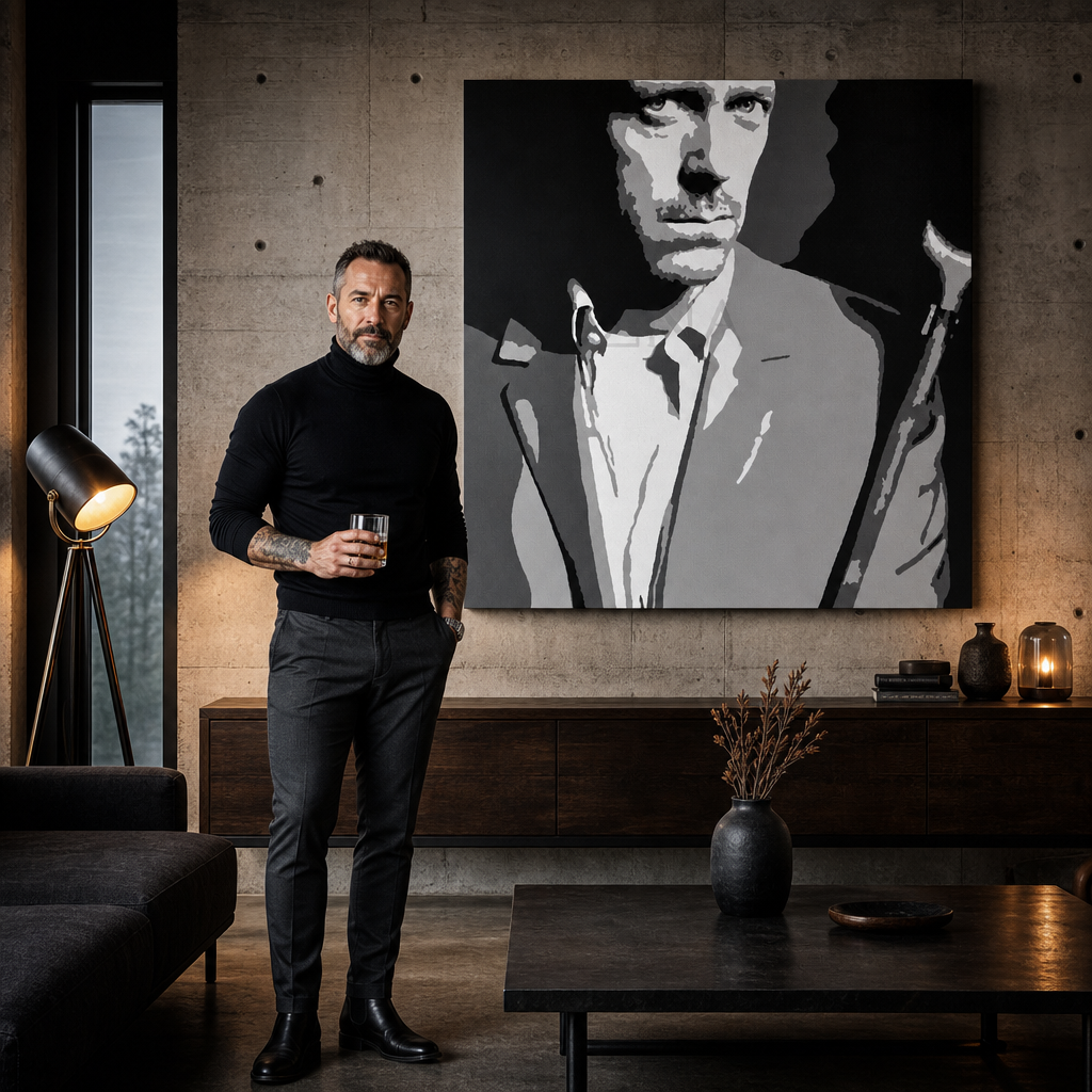 Kézzel festett POP Art festmény Dr. HOUSE 1 db dh2 – kép modern férfi belső térben, lifestyle vizualizáció. Domináns színek: fekete, fehér, szürke.
