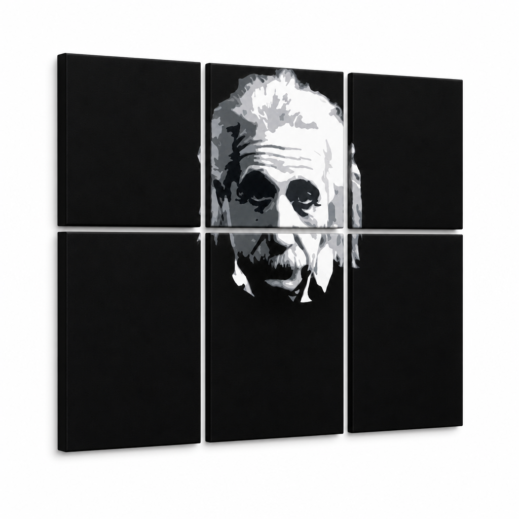 Kézzel festett POP Art festmény Einstein 6 rész Einstein – 3D látvány a kézzel festett vászonról fehér háttéren. Domináns színek: fekete, fehér, szürke.