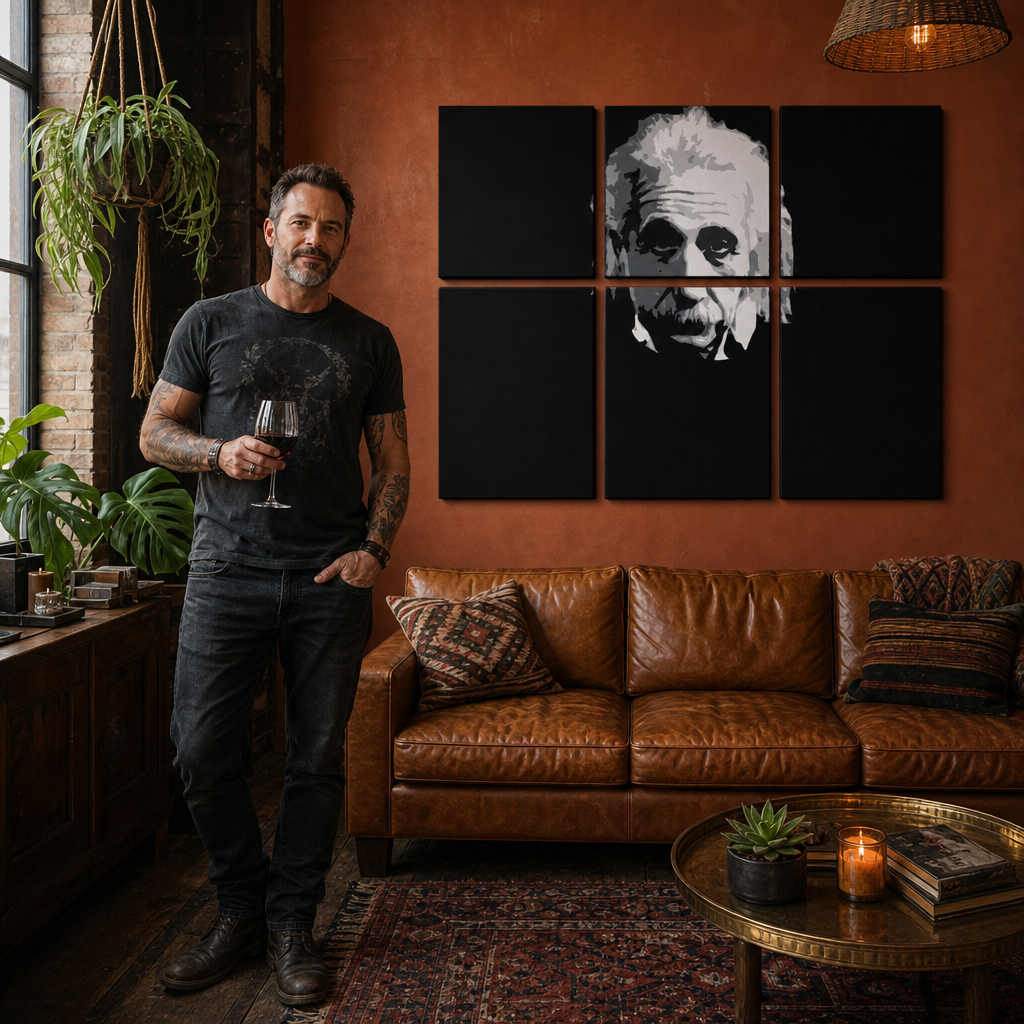 Kézzel festett POP Art festmény Einstein 6 rész Einstein – kép modern férfi belső térben, lifestyle vizualizáció. Domináns színek: fekete, fehér, szürke.