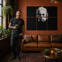 Kézzel festett POP Art festmény Einstein 6 rész Einstein – kép modern férfi belső térben, lifestyle vizualizáció. Domináns színek: fekete, fehér, szürke.