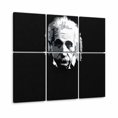 Kézzel festett POP Art festmény Einstein 6 rész Einstein – 3D látvány a kézzel festett vászonról fehér háttéren. Domináns színek: fekete, fehér, szürke.