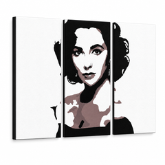 Kézzel festett POP Art festmény Elizabeth Taylor 3 darab et2 – 3D látvány a kézzel festett vászonról fehér háttéren. Domináns színek: fekete, barna, fehér.