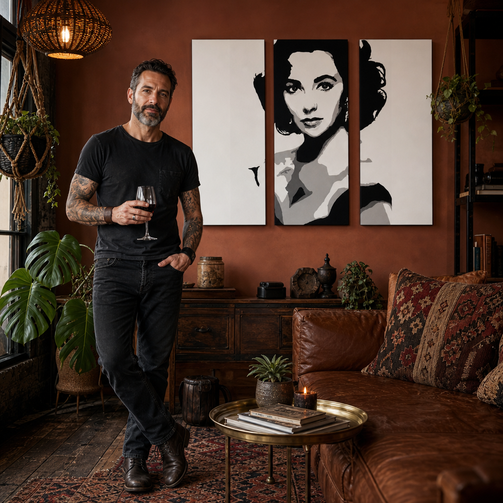Kézzel festett POP Art festmény Elizabhet Taylor 3 db et – kép modern férfi belső térben, lifestyle vizualizáció. Domináns színek: fekete, fehér, szürke.
