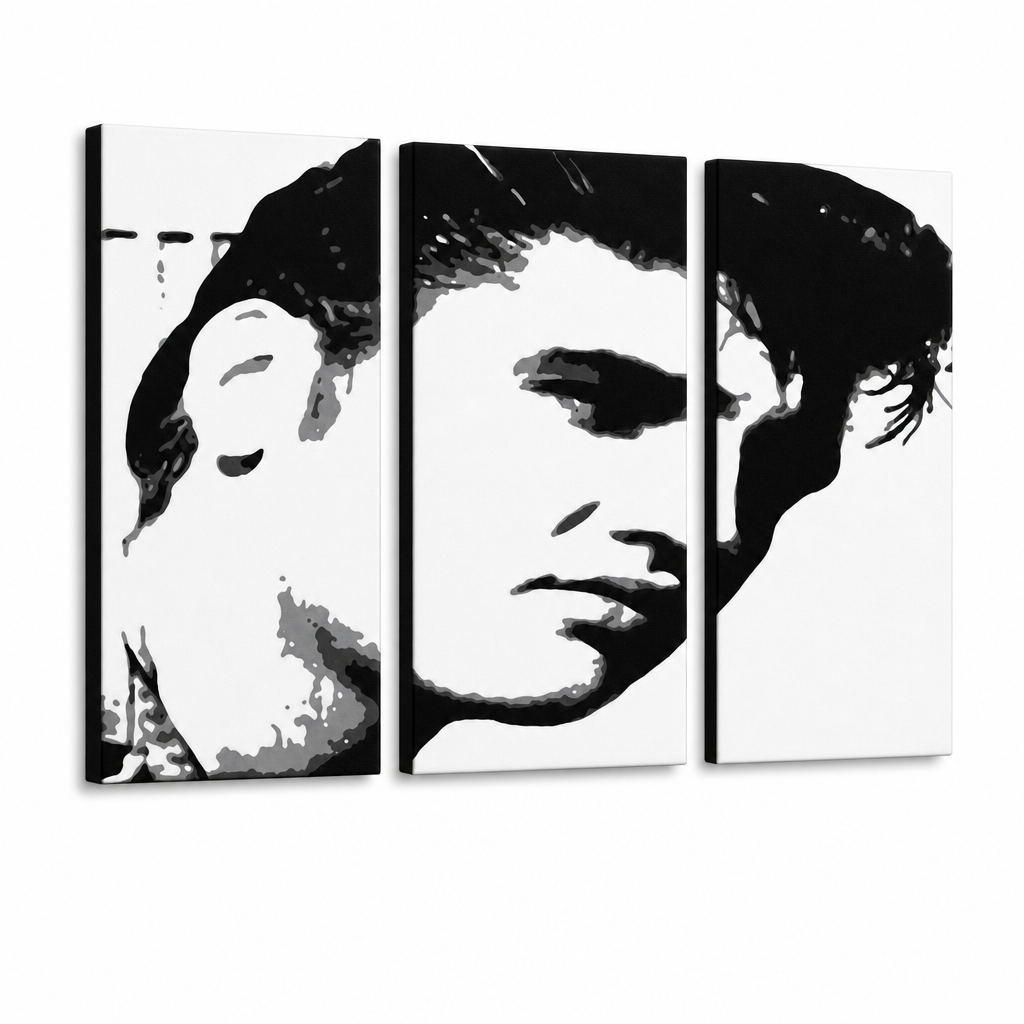 Kézzel festett POP Art festmény ELVIS 3 darab el – 3D látvány a kézzel festett vászonról fehér háttéren. Domináns színek: fekete, fehér, szürke.