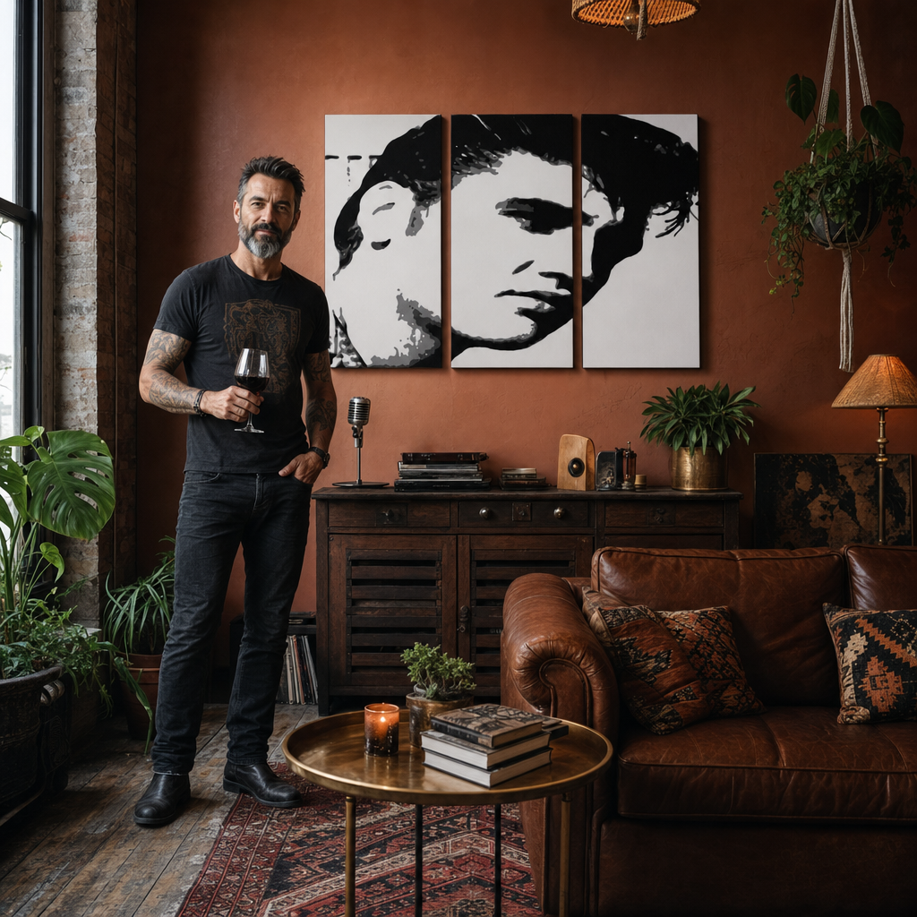 Kézzel festett POP Art festmény ELVIS 3 darab el – kép modern férfi belső térben, lifestyle vizualizáció. Domináns színek: fekete, fehér, szürke.