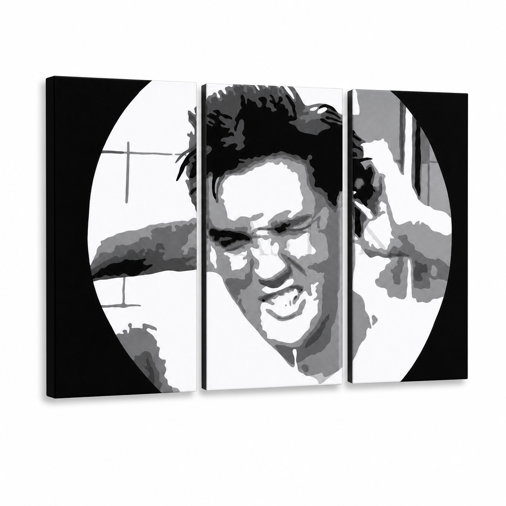 Kézzel festett POP Art festmény ELVIS 3 darab el2 – 3D látvány a kézzel festett vászonról fehér háttéren. Domináns színek: fekete, fehér, sárga.